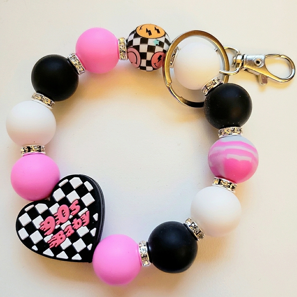 Handmade 90s Baby Beaded Silicone Focal Bead Wristlet Keychain Bracelet